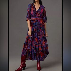 Farm Rio x Anthropologie V-Neck Short Sleeve Tiered Ruffle Maxi Dress